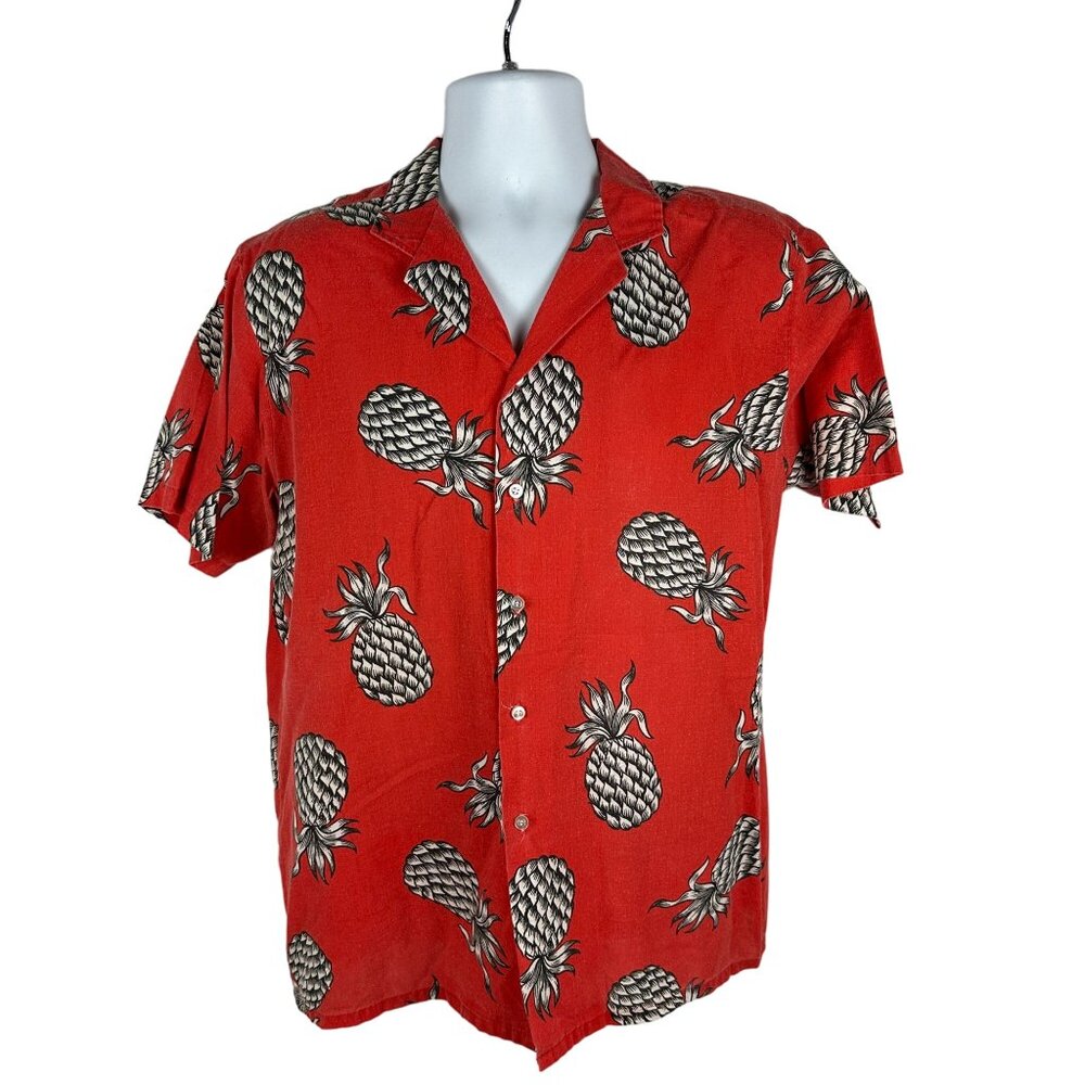 Vintage Magnum 357 Mens Red Hawaiian Shirt With Pineapple & Ukulele Print Size L